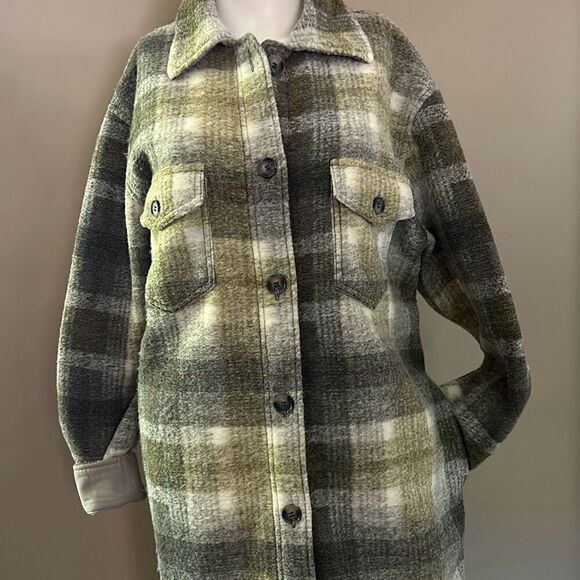 Joie Long Fleece Green Plaid Coat Dress with Pockets Medium - Picture 2 of 12